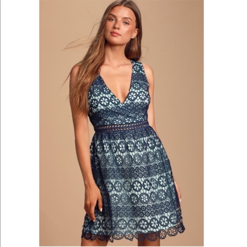Lulu's Forever My Love Navy Crochet Lace Skater Dress